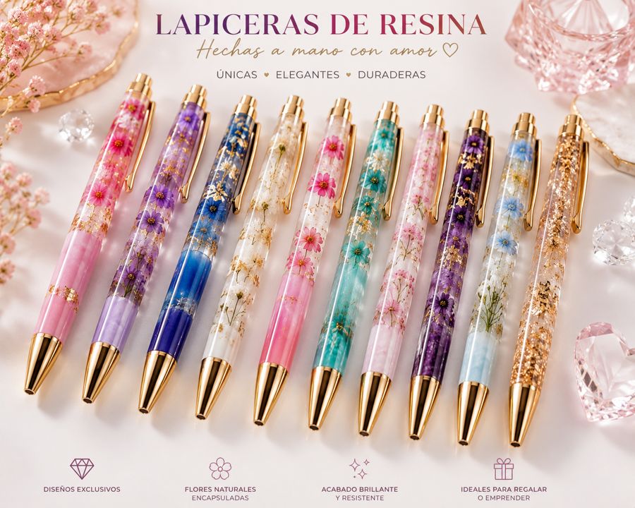 Lapiceras de resina epóxica con flores naturales encapsuladas