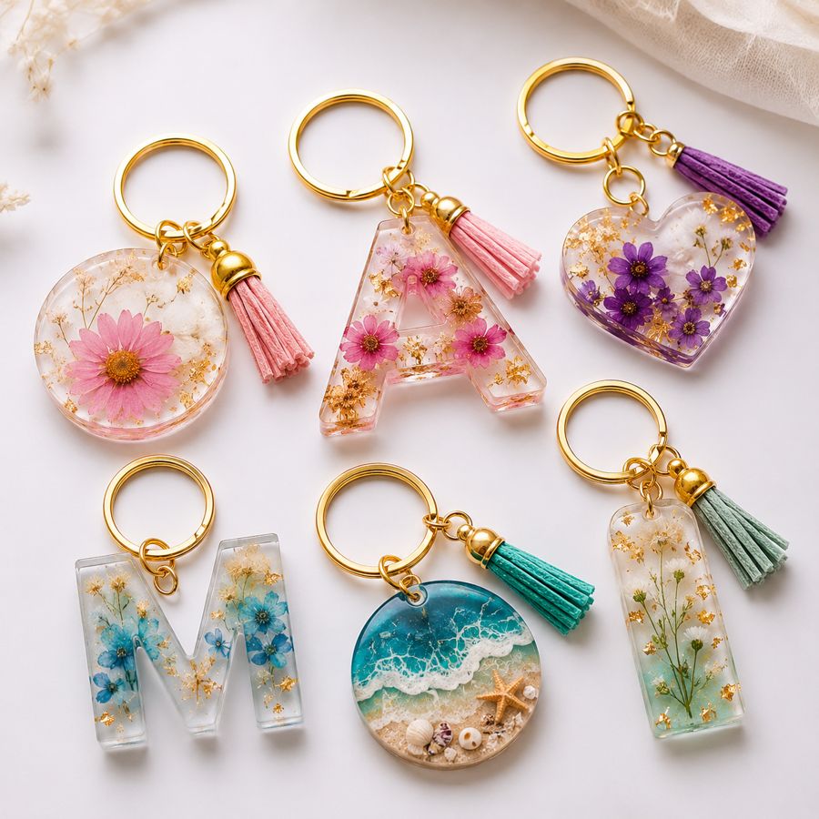 Llaveros personalizados de resina con letras y flores prensadas