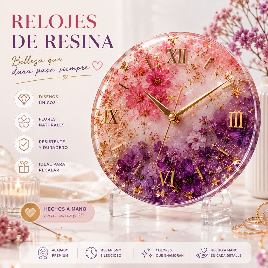 Reloj decorativo de resina con flores prensadas en tonos rosa y violeta
